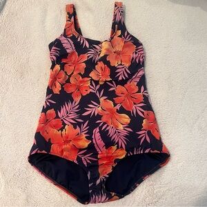 Lands' End Ladies One Piece Swimsuit Size 12 Orange Pink Floral